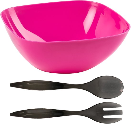Foto: Plasticforte salade sla serveerschaal roze kunststof d28 x h11 cm met sla bestek grijs 29 cm