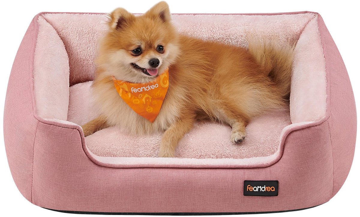 Feandrea Hondenbed, Linnen Hondenkussen, Hondenmand, Opstaande Randen, Antislip Bodem, Afneembare en Wasbare Hoes, M, Voor Kleine Honden, 70 x 55 x 21 cm, Pastel Roze PGW010R01