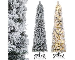 COSTWAY Kunstkerstboom, in potlood-vorm, 180 cm, met sneeuw en verlichting, 150 leds in warm wit, smalle kerstboom met metalen standaard, kunstboom voor Kerstmis van pvc, wit
