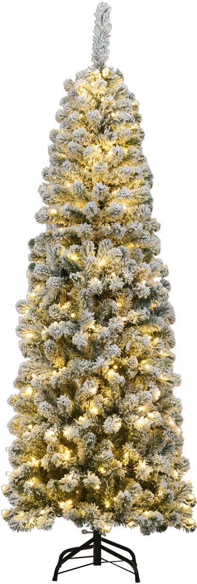 COSTWAY 180 cm Kerstboom potlood met sneeuw en warmwitte ledverlichting, kunstsparren met metalen standaard, kerstboom van pvc, kunstboom vouwsysteem