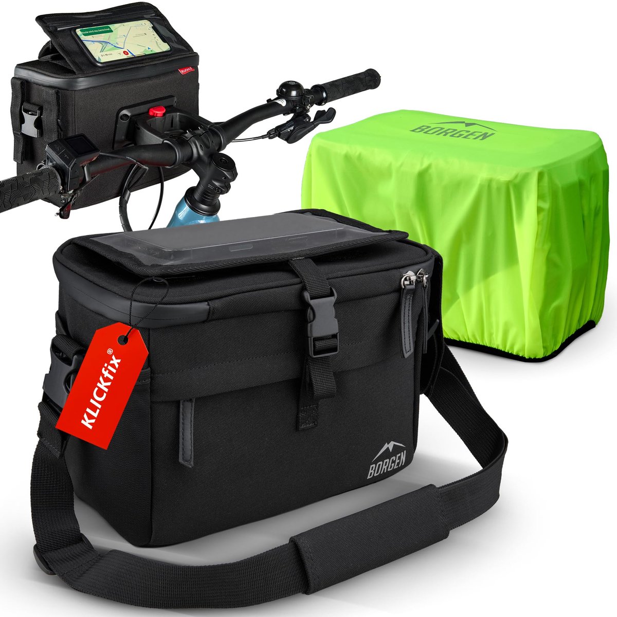 Borgen KLICKfix stuurtas smartphone - Waterafstotende en ruime fiets stuurtas 6 L - Fietstas stuur ebike - Fietstas mobiele telefoon