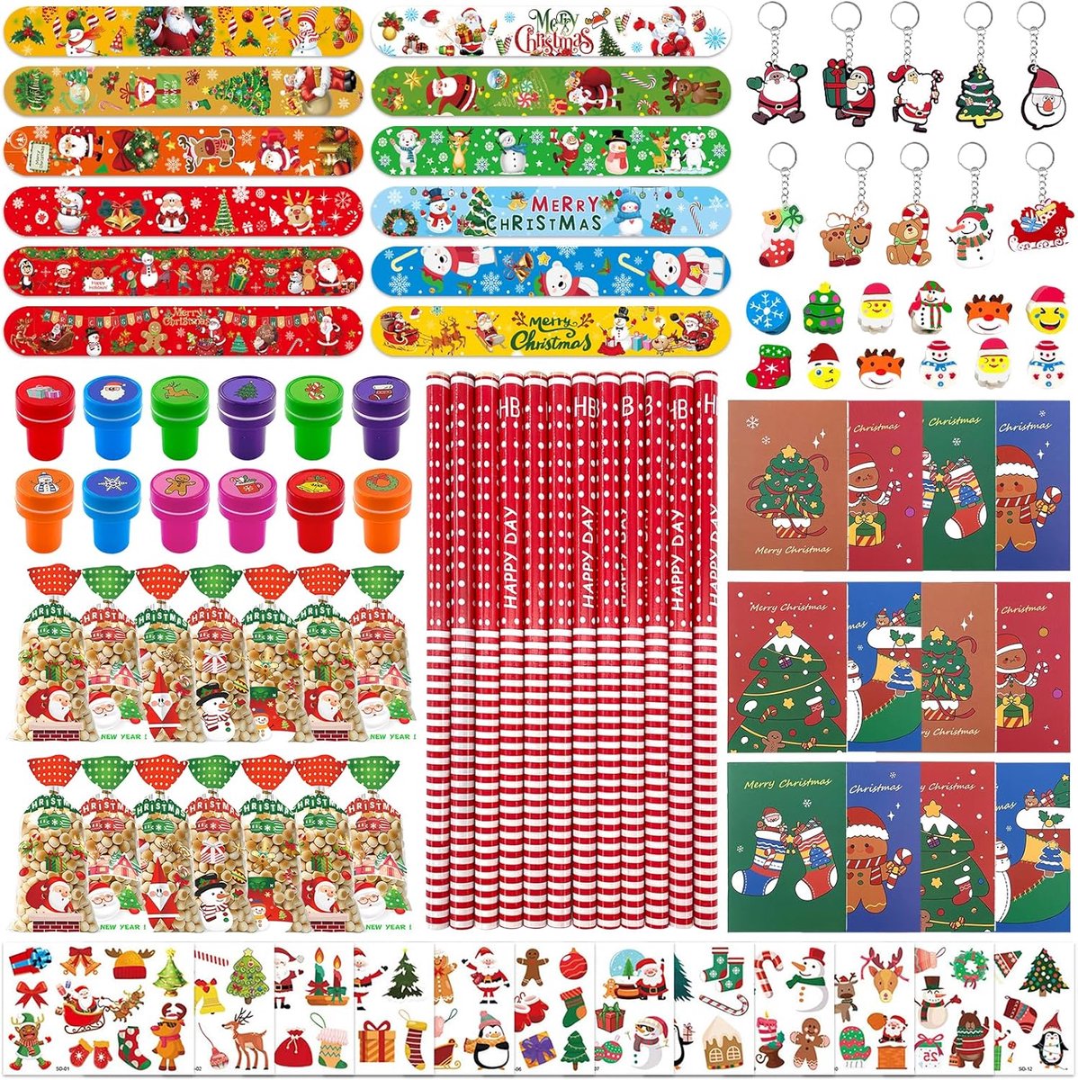 Kerstfeest speelgoedset met kerstsnoepjes, geschenkzakjes, sleutelhanger, potloden, stickers voor kinderen.