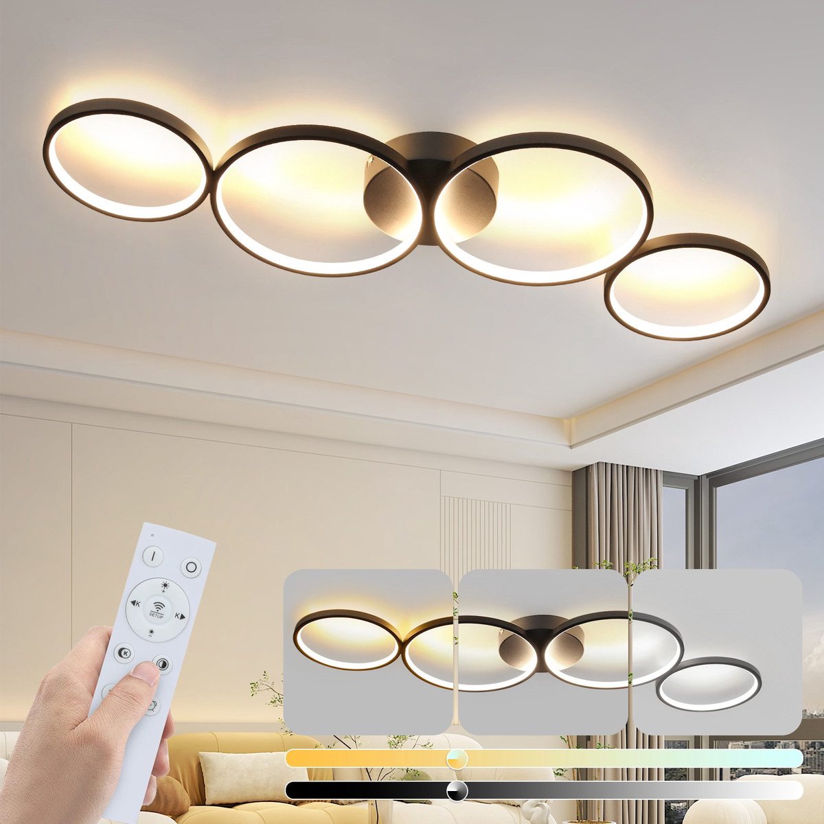 KeLuKes Dimbare plafondlamp, woonkamer LED-plafondlamp met afstandsbediening, geheugenfunctie, 3000k-6500k, timer, 100cm ring plafondlamp kroonluchter, wit