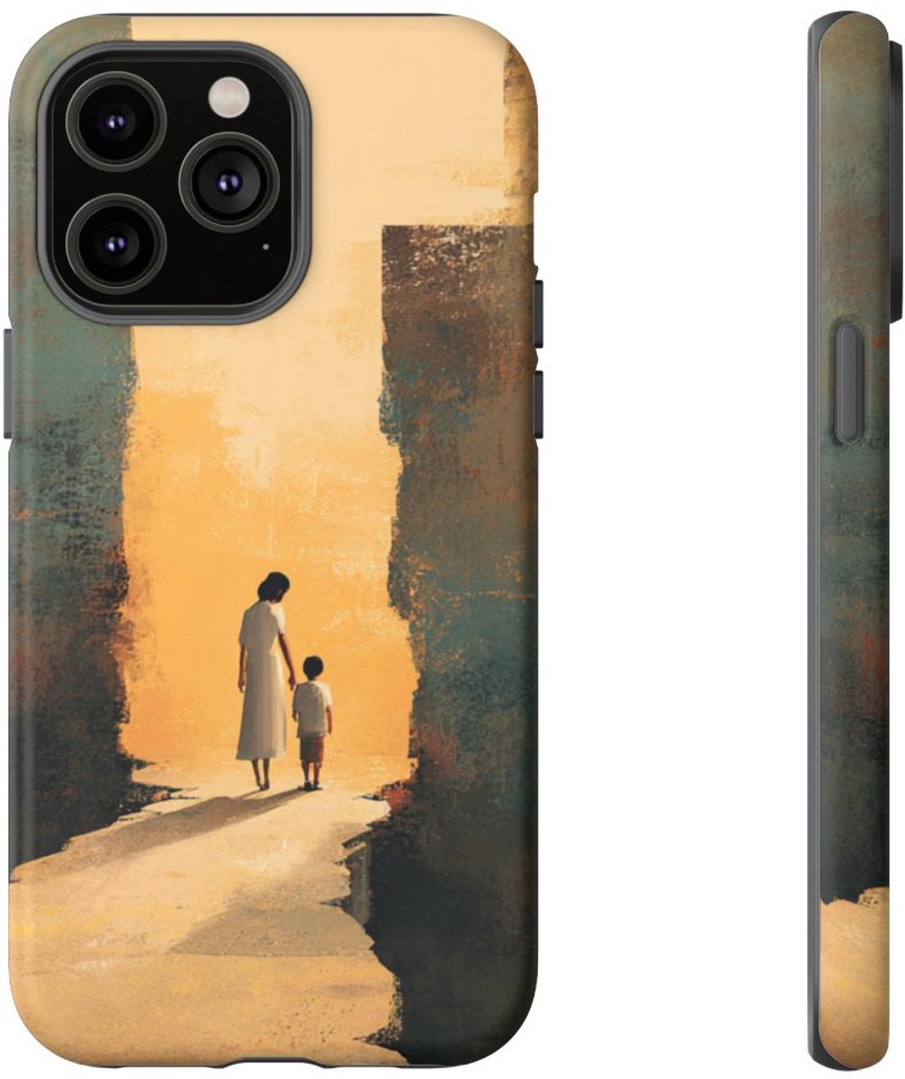 Vrouw en Kind op Gebroken Pad – Telefoonhoesje Geschikt voor iPhone 14 Pro Max