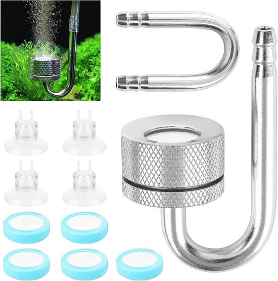 Aquariumverstuiver, aquarium, CO2-diffuser, aluminiumlegering, CO2-systeem, diffuser aquarium, bubbler met U-vormige aansluitbuis en zuignappen, CO2-diffuser voor aquaria, aquarium