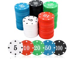 100 stuks pokerchips - nominale waarden - speelchips - waardekaarten - box - pandmerken - roulettespel - bingo-chips voor poker - blackjack - casinospellen