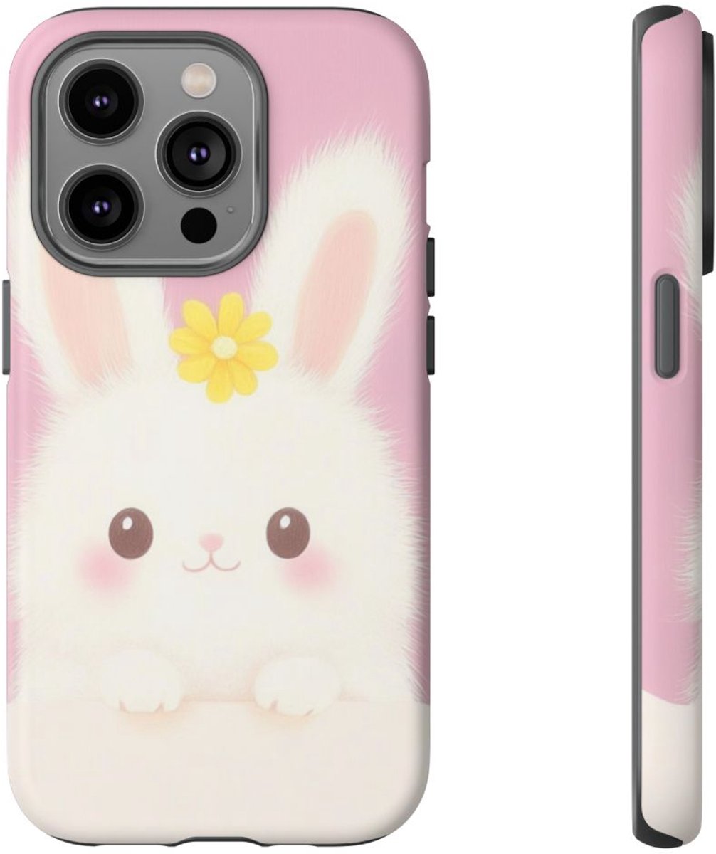 Schattig Wit Konijntje met Gele Bloem – Telefoonhoesje Geschikt voor iPhone 14 Pro