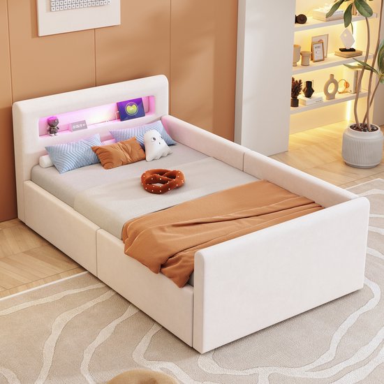 YESGIGA Gestoffeerd bed kinderbed 90 x 200 cm, met nachtlampje en USB-oplaadpoort, met opbergvakken, verhoogde zijkanten voor veiligheid, eenvoudig