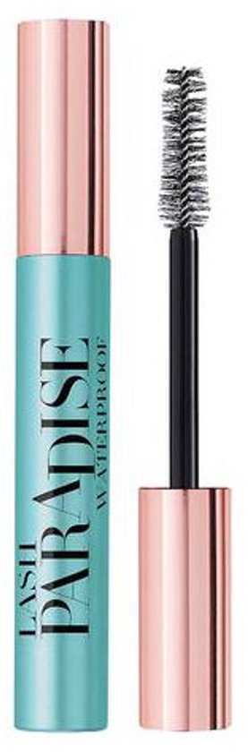 Turquoise mascara koker met rosé gouden dop en borsteltje. "Lash Paradise Waterproof" staat erop.