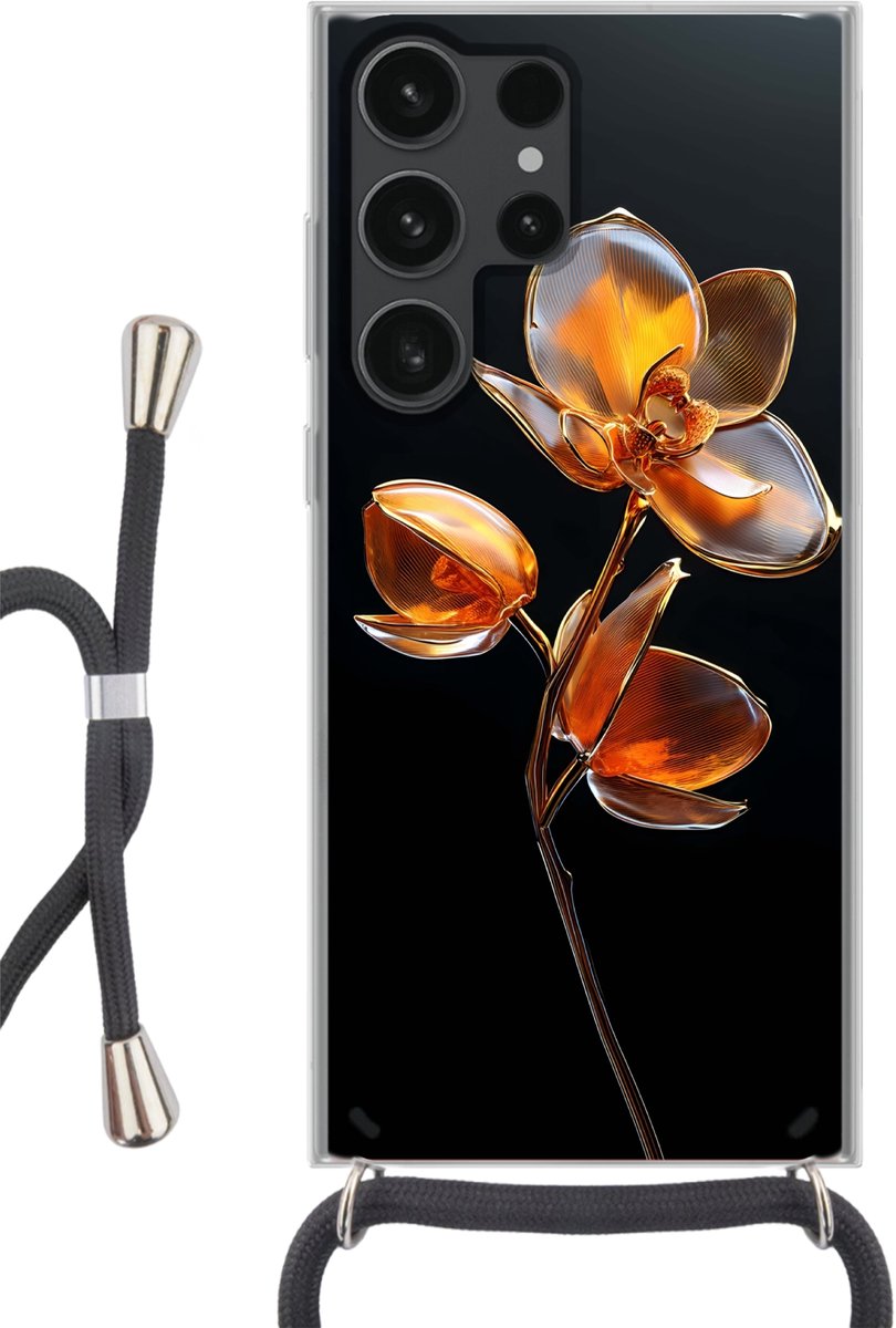 Telefoonhoesje Geschikt voor Samsung Galaxy S23 Ultra - Bloem - Orchidee - Oranje - Siliconen - Crossbody - Backcover met Koord - Telefoonhoesje met koord - Hoesje met touw Telefoonhoesje