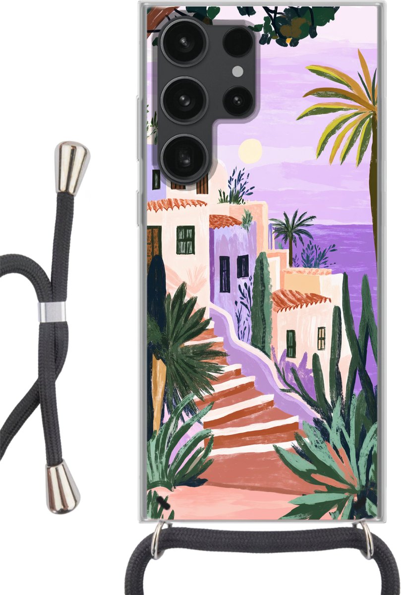 Telefoonhoesje Geschikt voor Samsung Galaxy S23 Ultra - Huizen - Minimalistisch - Palmbomen - Kust - Siliconen - Crossbody - Backcover met Koord - Telefoonhoesje met koord - Hoesje met touw Telefoonhoesje