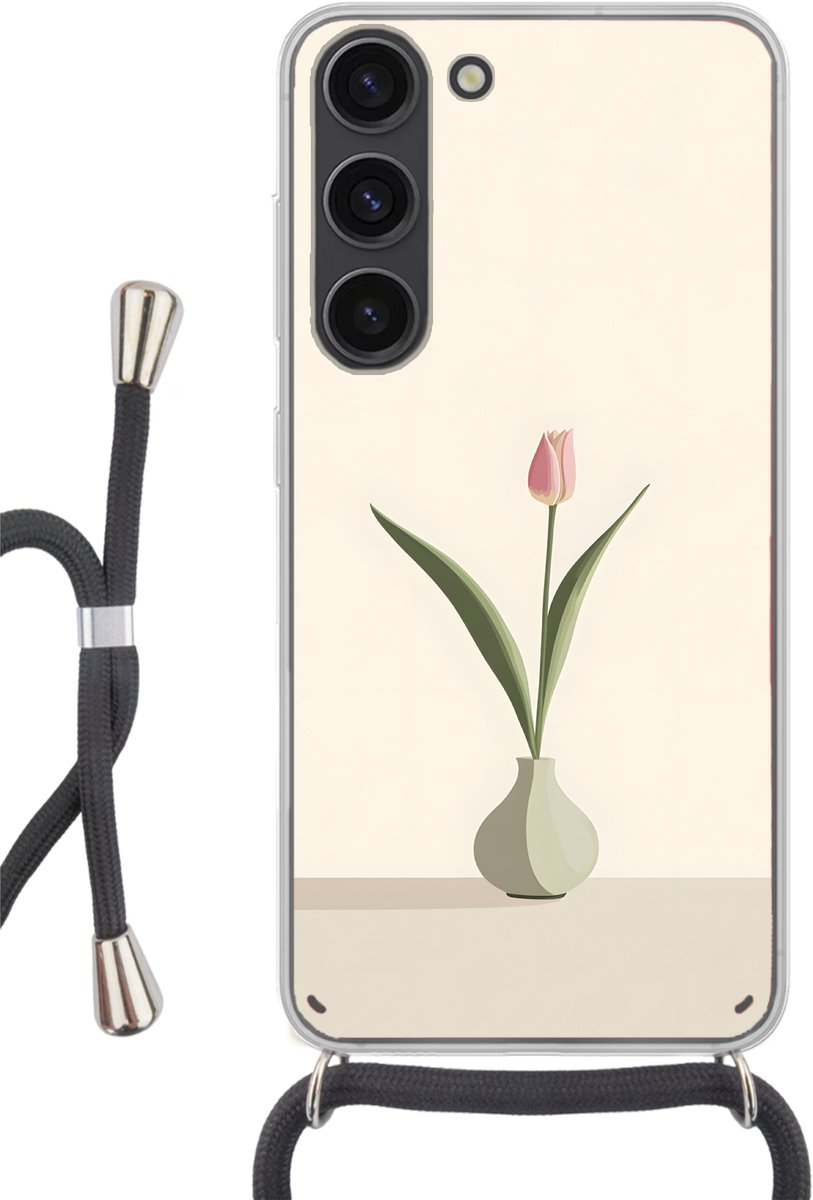 Telefoonhoesje Geschikt voor Samsung Galaxy S23 - Tulp - Vaas - Beige - Siliconen - Crossbody - Backcover met Koord - Telefoonhoesje met koord - Hoesje met touw Telefoonhoesje
