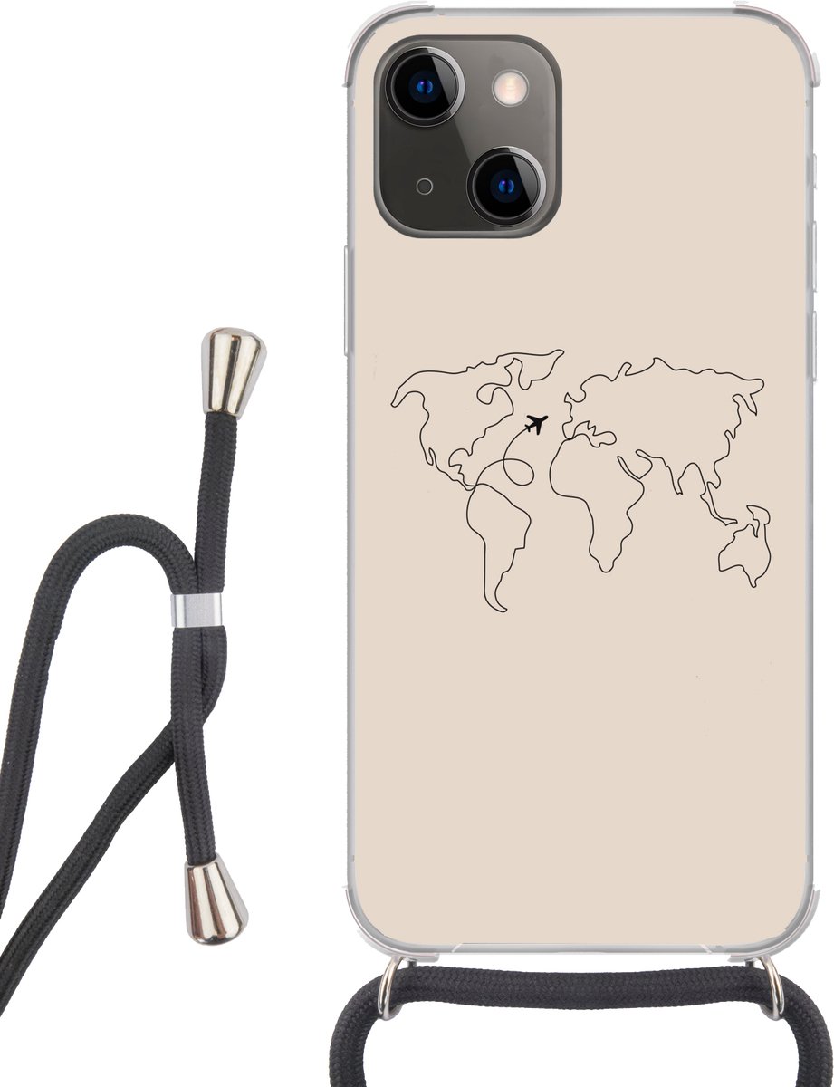 Telefoonhoesje Geschikt voor iPhone 13 - Wereldkaart - Simpel - Vliegtuig - Siliconen - Crossbody - Backcover met Koord - Telefoonhoesje met koord - Hoesje met touw Telefoonhoesje