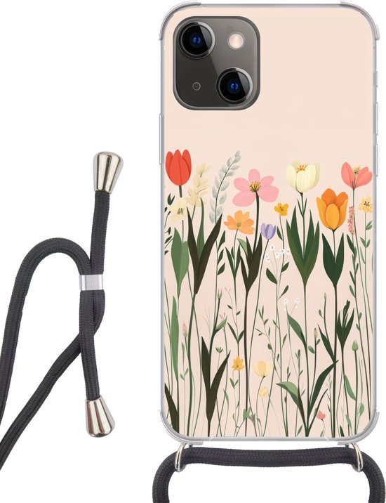 Coque de téléphone compatible avec iPhone 13 - Nuances pastel - Fleurs - Illustration - Siliconen - Bandoulière - Coque arrière avec cordon - Coque de téléphone avec cordon - Coque avec corde