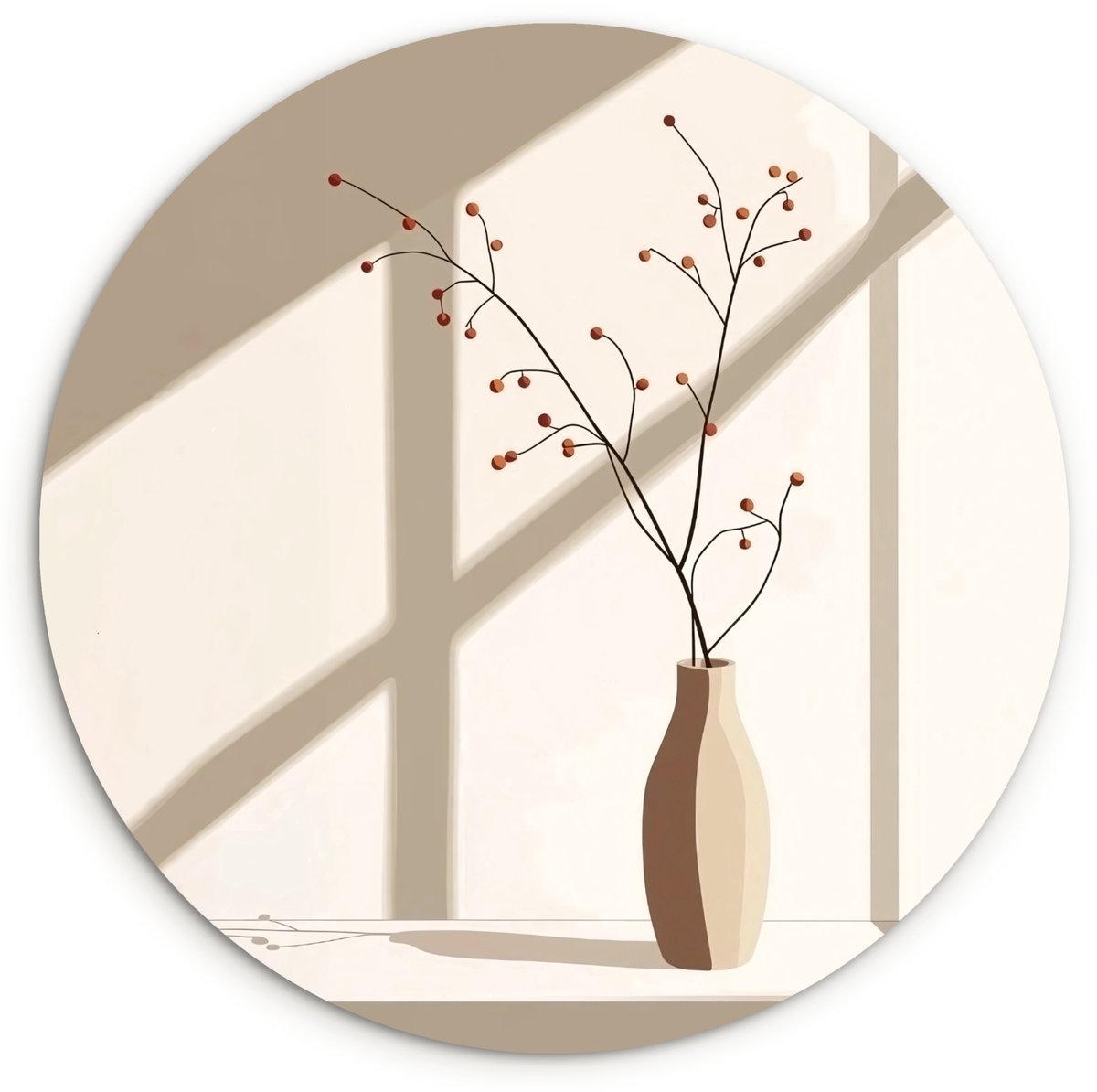 WallCircle Wandcirkel 90x90 cm - Muurcirkel Vaas - Takken - Bessen - Minimalistisch - Muurdecoratie woonkamer - Wanddecoratie slaapkamer - Kamer decoratie accessoires - Ronde schilderijen