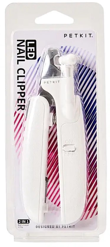 Witte PETKIT LED nagelknipper met aan/uit-schakelaar en batterijvak, in verpakking met gestreepte achtergrond.