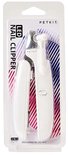 Witte PETKIT LED nagelknipper met aan/uit-schakelaar en batterijvak, in verpakking met gestreepte achtergrond.