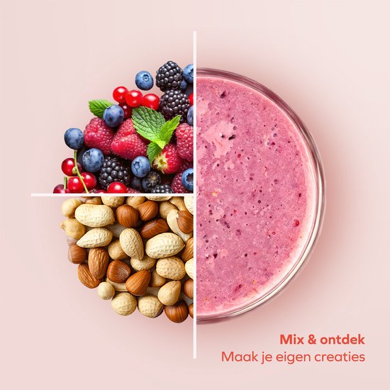 Vierdelige afbeelding met aan de ene kant een mix van bessen en noten, en aan de andere kant een paarse smoothie.