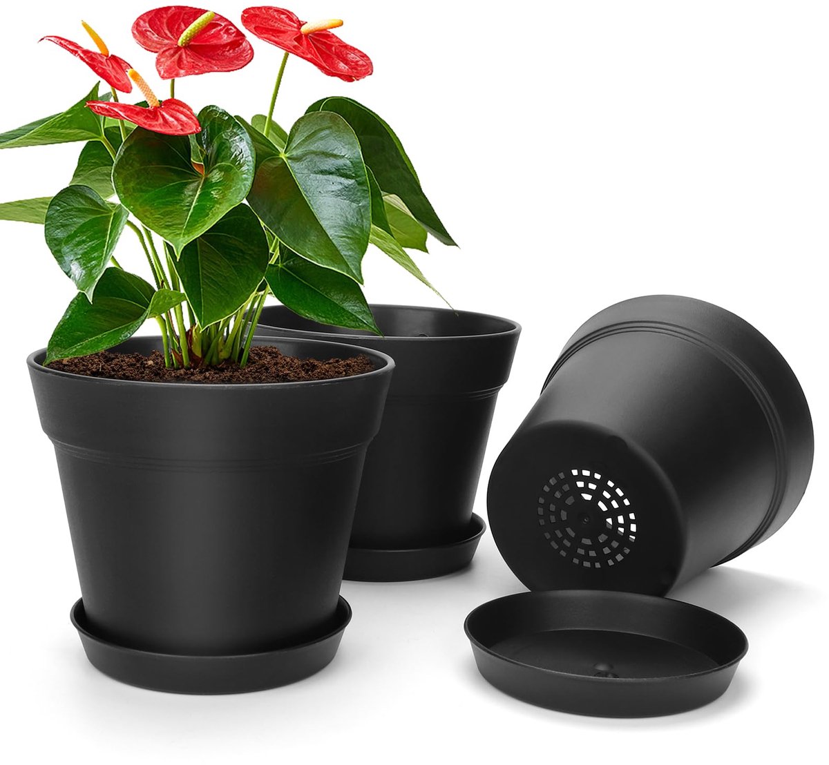 Ibenzoa® Binnen- en buitenplantenpotten set van 3 met klassieke zwarte afwerking en onderzetters