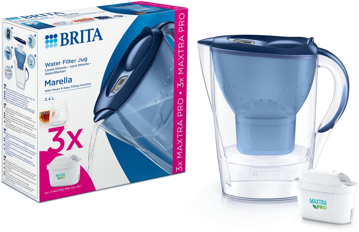 Bol.com BRITA - Waterfilterkan - Marella Cool - 2,4L - Blauw - incl. 3 MAXTRA PRO ALL-IN-1 waterfilterpatronen - Voordeelverpakking aanbieding