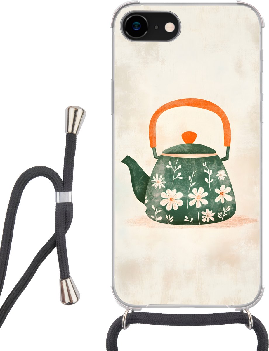 Telefoonhoesje Geschikt voor iPhone SE 2020 - Theepot - Groen - Bloemen - Oranje - Siliconen - Crossbody - Backcover met Koord - Telefoonhoesje met koord - Hoesje met touw Telefoonhoesje