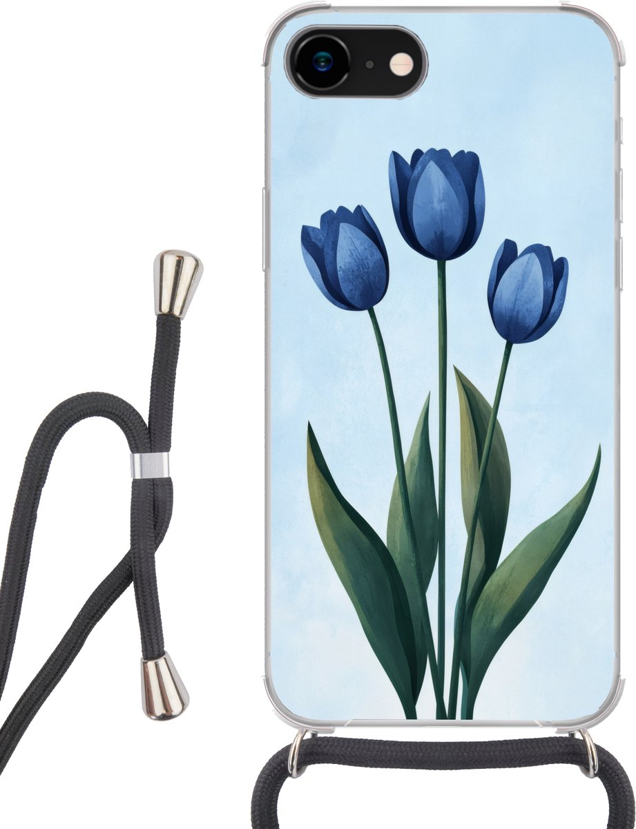 Telefoonhoesje Geschikt voor iPhone SE 2020 - Tulpen - Blauw - Bladeren - Siliconen - Crossbody - Backcover met Koord - Telefoonhoesje met koord - Hoesje met touw Telefoonhoesje