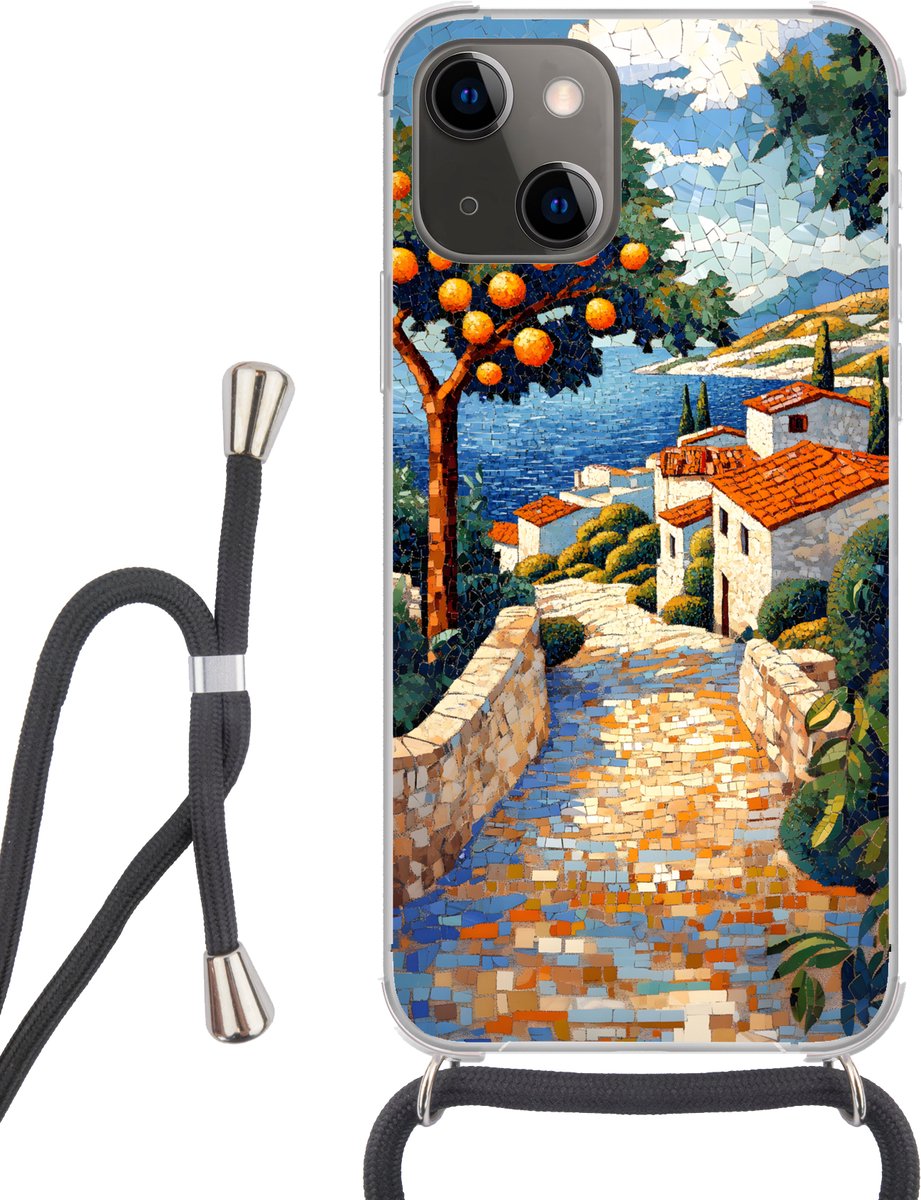 Telefoonhoesje Geschikt voor iPhone 13 - Huizen - Mozaïek - Sinaasappelbomen - Zee - Siliconen - Crossbody - Backcover met Koord - Telefoonhoesje met koord - Hoesje met touw Telefoonhoesje
