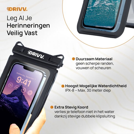 DRIVV telefoonhoes met duurzaam materiaal, IPX-8 waterdichtheid en stevig koord. Toont een telefoon met klok.