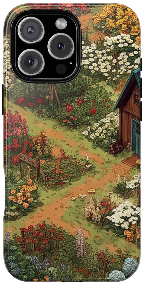 Kleurrijke Bloementuin met Huisje – Telefoonhoesje Geschikt voor iPhone 16 Pro Max