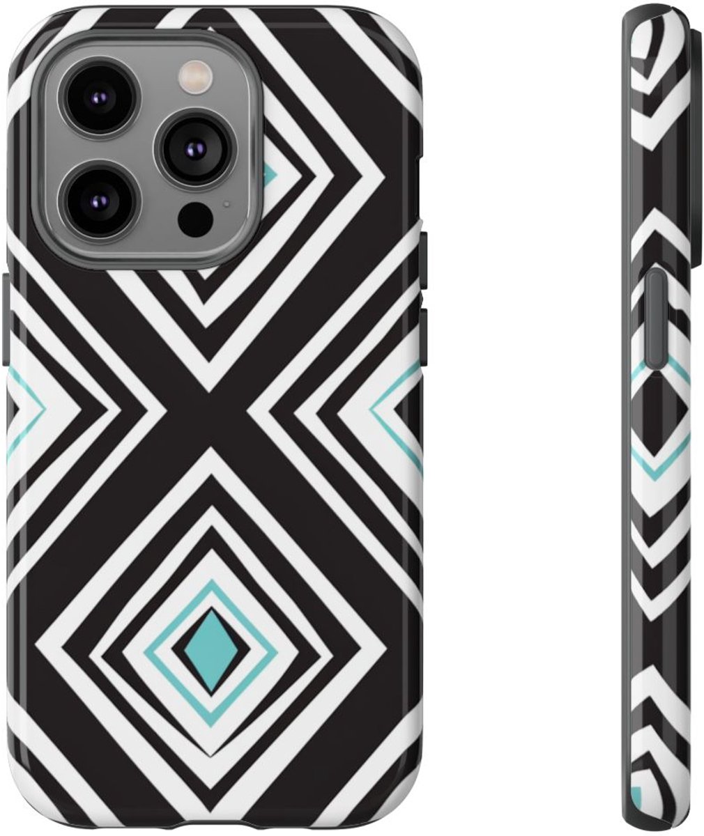 Geometrisch Zwart-Turquoise Diamantpatroon – Telefoonhoesje Geschikt voor iPhone 14 Pro