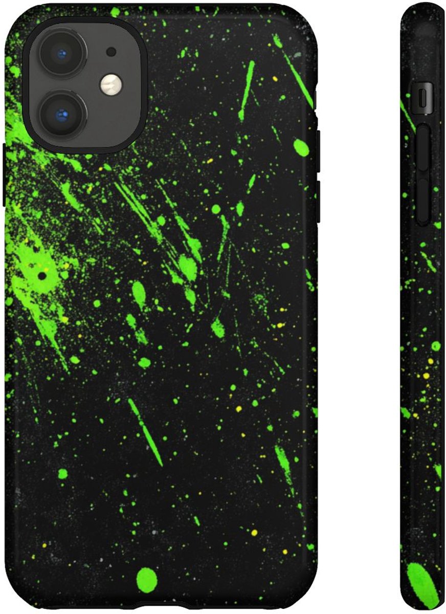 Neon Groene Spetters op Zwarte Achtergrond – Telefoonhoesje Geschikt voor iPhone 11