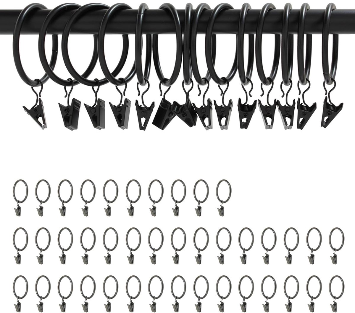 40 Stuks Gordijnringen met Clips - 32 mm Binnendiameter - Voor Diverse Ruimtes - Zwart