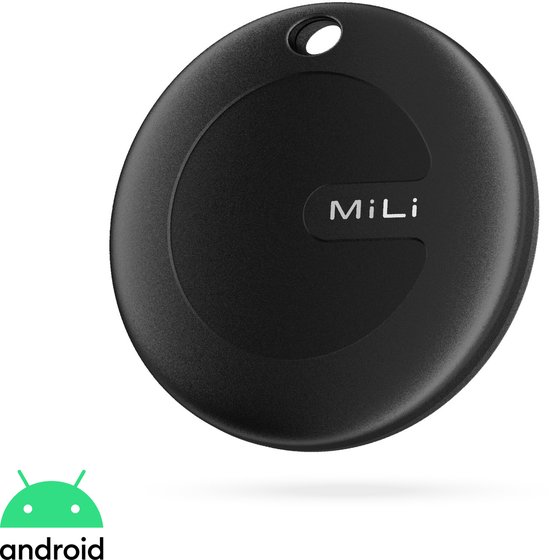 Zwarte ronde MiTag tracker met een gat voor een sleutelring, met het "Android" logo.