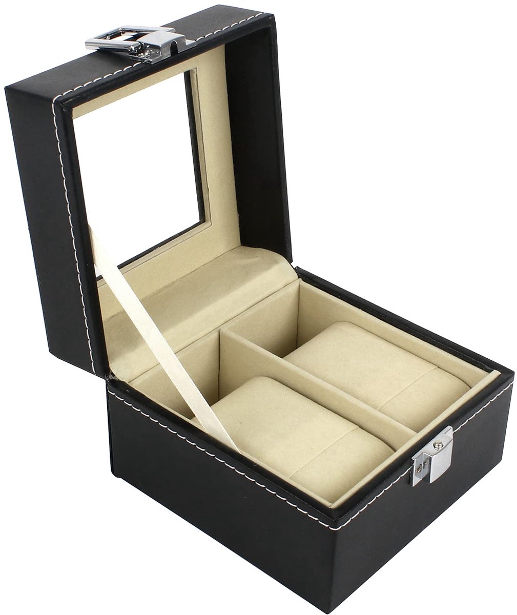 Bigxin Horlogebox voor 2 Horloges Zwart, PU Horlogebox Horlogekast met Glazen Deksel Gemaakt van Leer Kleine Sieradendoos Reisopbergdoos Draagbare Sieradenorganizer