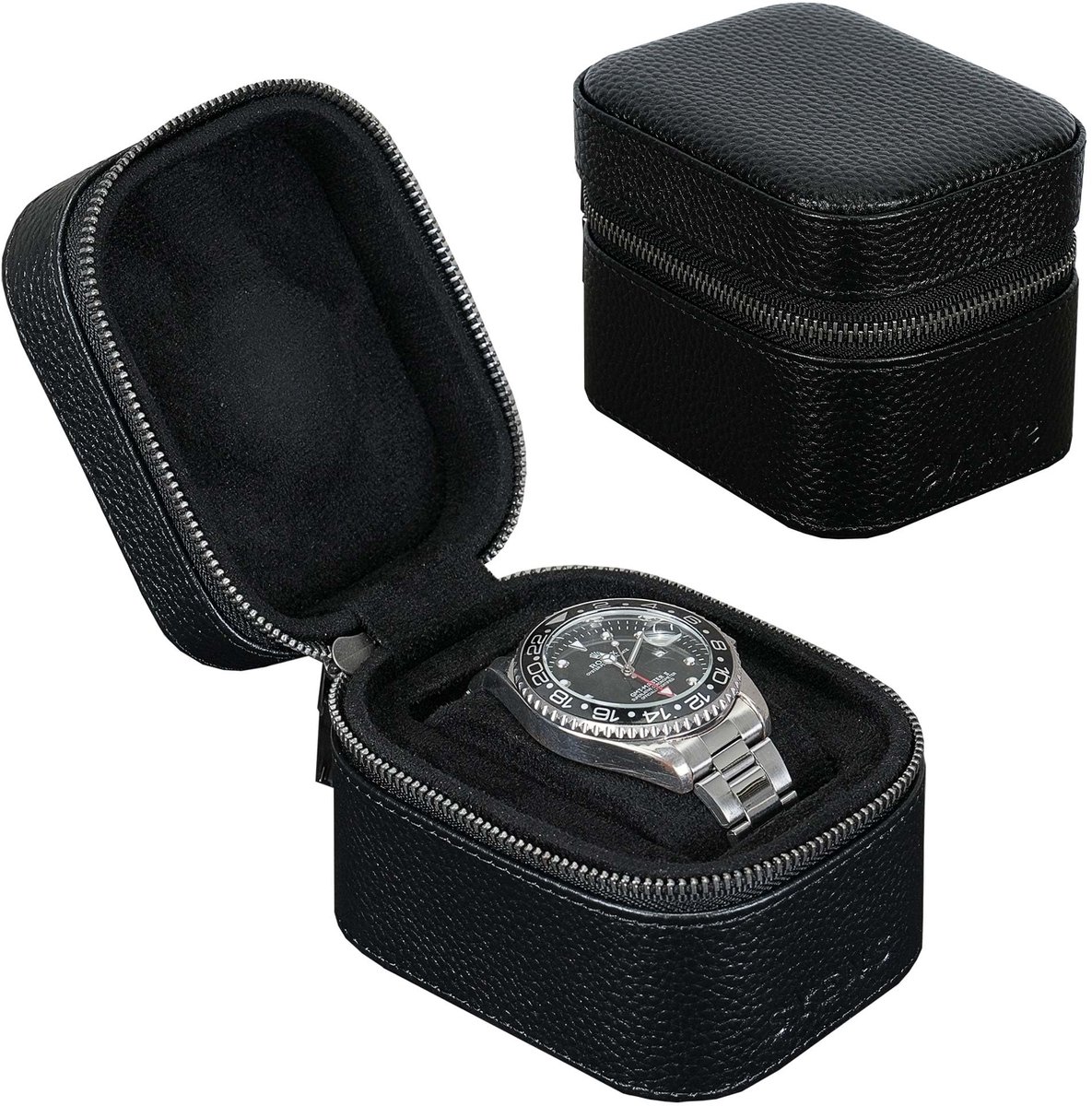 Horlogereisdoos, echt leer, enkele horlogerolhoes, voor mannen en vrouwen, horloge-verpakkingsorganizer, met suède ter bescherming, rits past op alle horloges tot 60 mm (1W-Z-BBL)