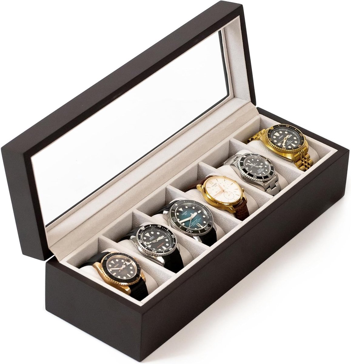 CASE ELEGANCE Elegante horlogebox van echt hout voor 6 horloges met glazen venster