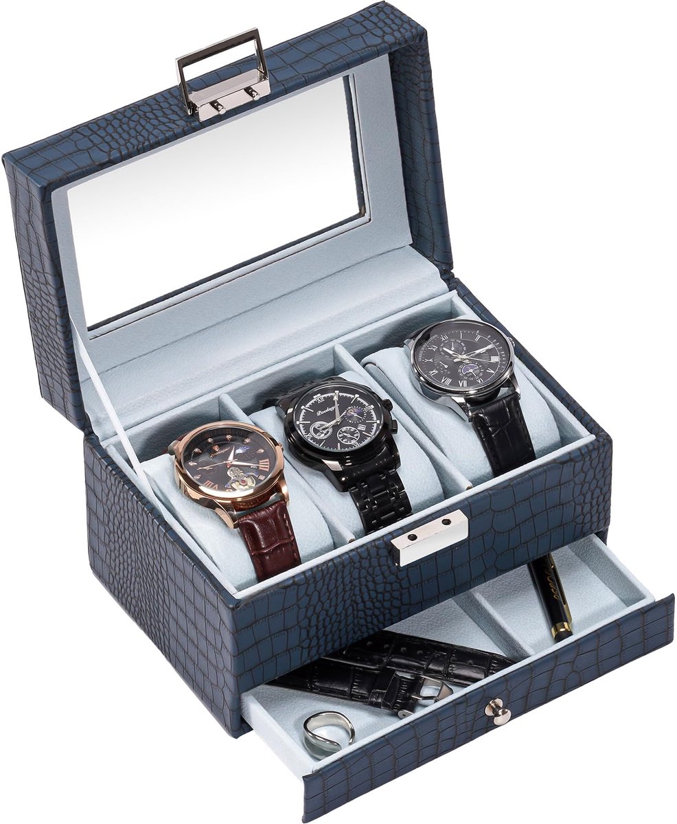 ProCase horlogebox met 3 compartimenten, horlogebox met glazen deksel, horlogekast met uitneembare horlogekussentjes, horlogebox, Vaderdagcadeau - Blauw