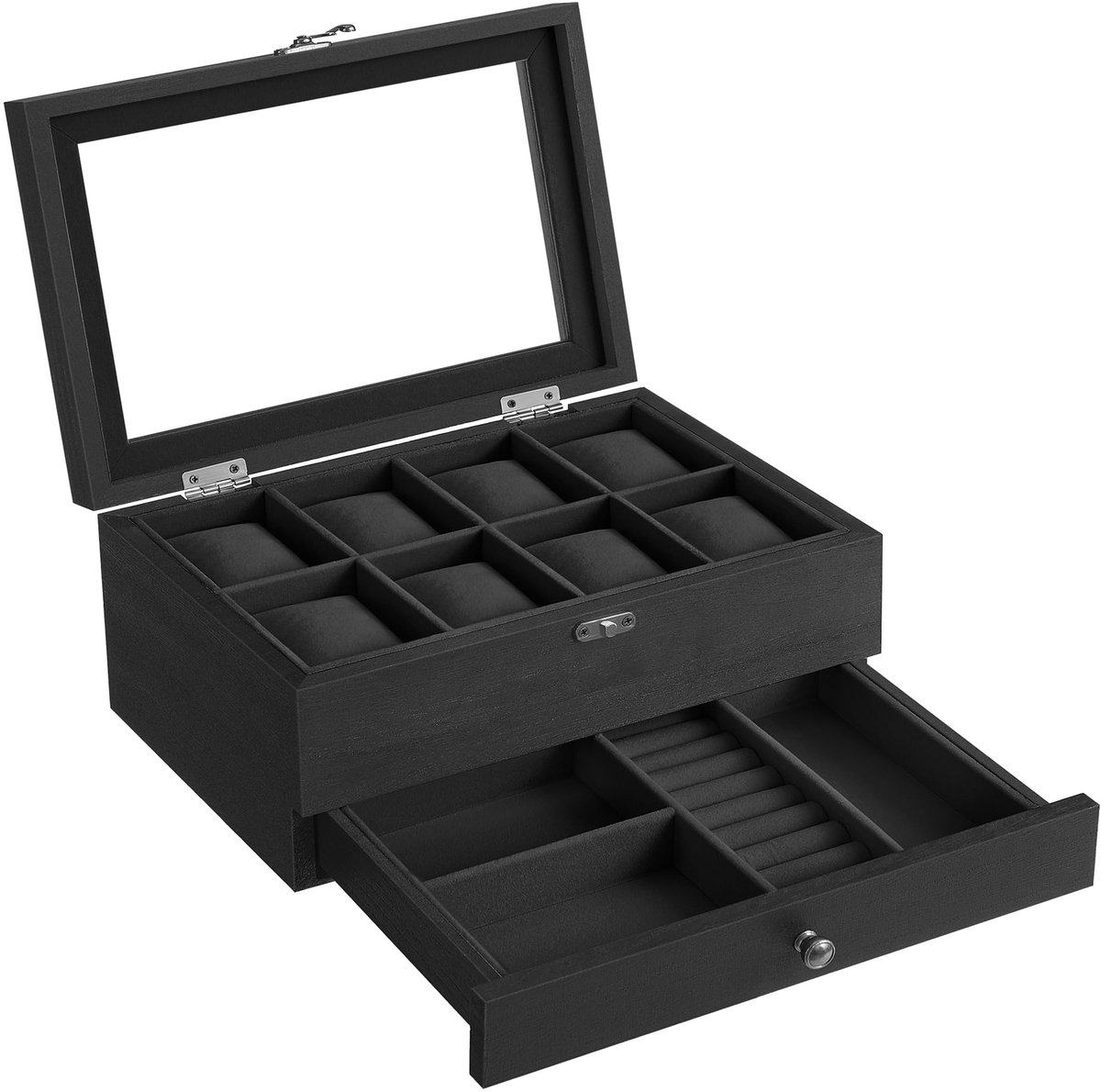 SONGMICS Horlogebox met 8 compartimenten, massief houten horlogekast met glazen deksel, horlogekussen, sieradenopberger, cadeau voor uw dierbaren, zwart JOW008B02