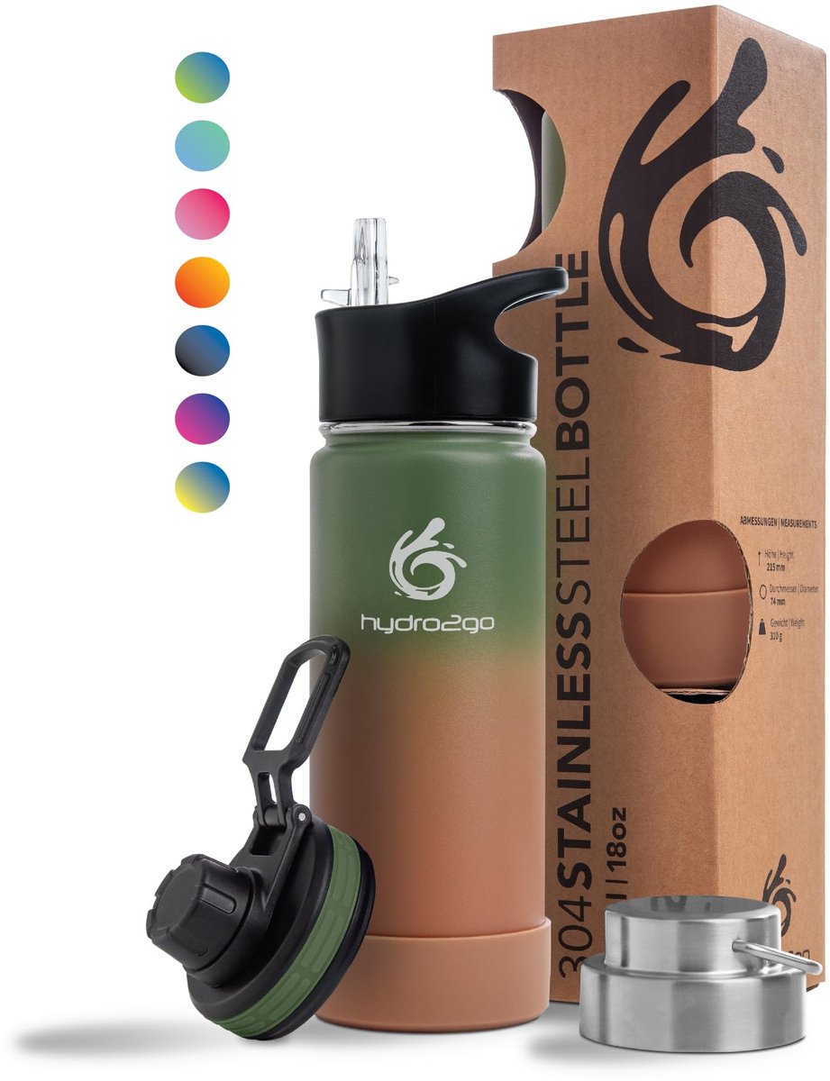 Hydro2go RVS Thermosfles 530 ml – 12u warm / 24u koud – 3 doppen – BPA-vrij