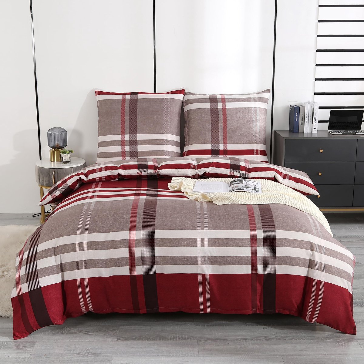 Ibenzoa Zachte en Ademende Microvezel Beddengoedset met Ritssluiting en Hoekstrikken rood wit