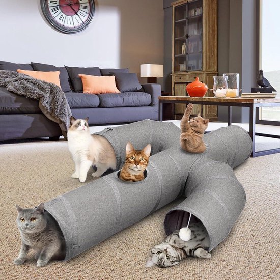 Ownpets Túnel para Gatos, Túnel para Mascotas con Forma de Cactus con Tela Oxford Resistente, Plegable y Resistente a Desgarros, con Múltiples Salidas, Bola Colgante y Varita Teaser, Gris