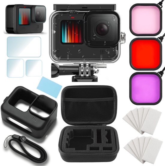 MOJOGEAR Accessoire-set geschikt voor GoPro 12-11-10-9 - Waterdichte case tot 50M diep - GoPro duikfilters - Handige opbergcase - Silicone beschermhoes met lenskapje - Anti-fog inserts - Screenprotector-set - GoPro accessoires - Zwart