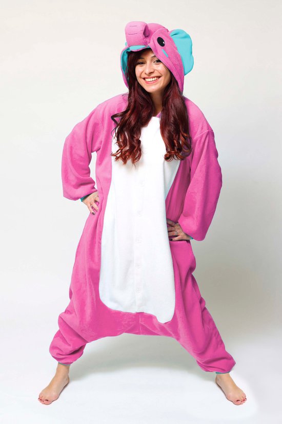 KIMU Onesie Roze Olifant Pak - Maat L-XL - Olifantenpak Kostuum Jungle - Jumpsuit Huispak Zacht Fleece Dierenpak Pyjama Dames Heren Halloween