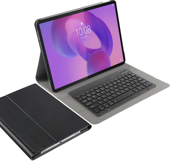 Zwarte tablet case naast een open tablet met QWERTY-toetsenbord.