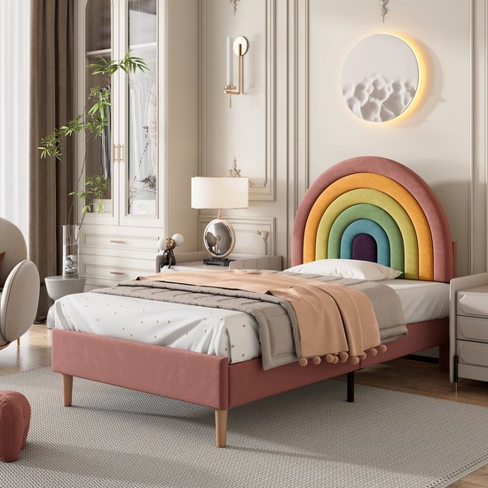 HAUSS SPOLE Gestoffeerd Bed 90x200 - Eenpersoonsbed Met Verstelbaar Regenboog Hoofdeinde - lattenbodem - bekleding van PU-leer - Fluweel - Roze