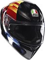 Casque AGV noir avec des rayures graphiques rouges, jaunes et roses et des accents bleus en bas. Logo AGV sur le devant.