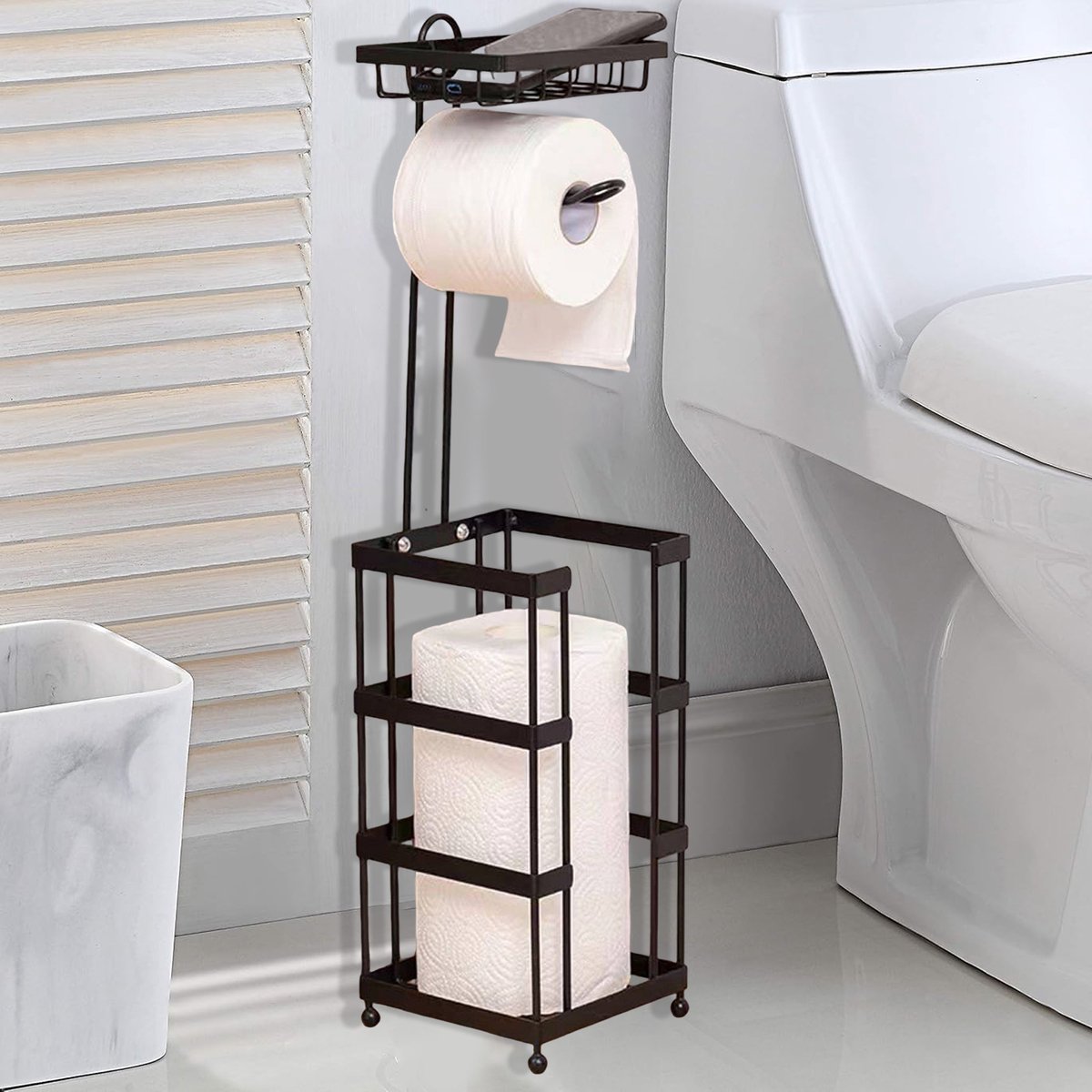 CHIWIN WC Rolhouder Staand Zonder Boren met Plankje - Toiletrolhouder Vrijstaand Zwart met Reserverolhouder - voor 3 Reserves - Modern Vierkante Metaal WC Rolhouder - voor Bathroom, Toilet of Keuken