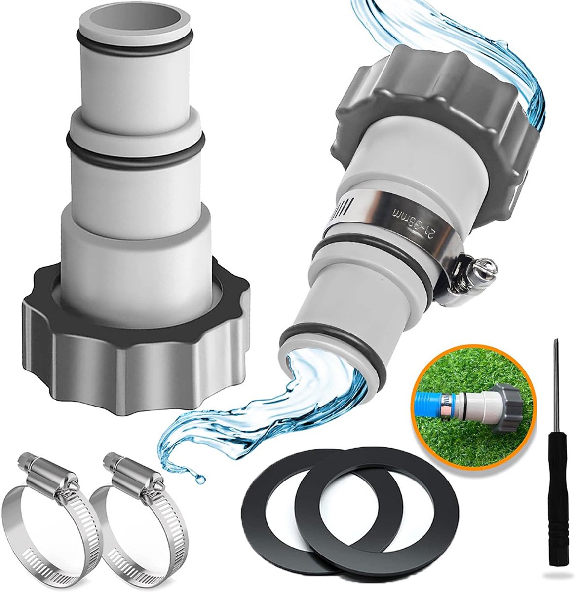 Vervangende Slangadapter - Conversieconnector voor 1,5 en 1,25 inch Schroefdraadslangen met Klemmen en Pakkingen - Geschikt voor Filterpompen, Zoutwatersystemen - Accessoires voor Bovengrondse Zwembaden - 2 Pakketten
