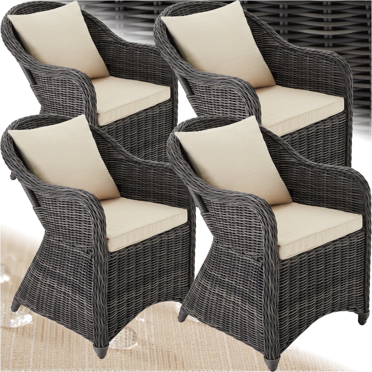 tectake® Set van 4 Wicker Stoelen - Polyrotan Tuinstoelen met Aluminium Frame - Rieten Buitenstoelen met Zachte Zitkussens - Weerbestendig voor Tuin, Terras, Balkon en Wintertuin - Grijs
