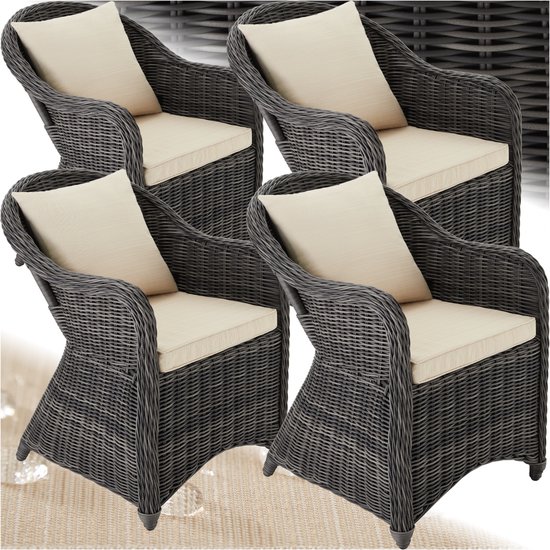 tectake® Set van 4 Wicker Stoelen - Polyrotan Tuinstoelen met Aluminium Frame - Rieten Buitenstoelen met Zachte Zitkussens - Weerbestendig voor Tuin, Terras, Balkon en Wintertuin - Grijs